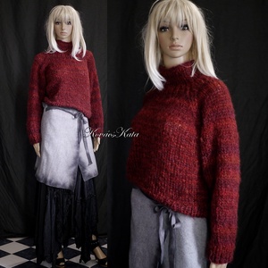 MANIA - trendi kézzel kötött magas-nyakú mohair pulóver / bordó - ruha & divat - női ruha - pulóver - Meska.hu