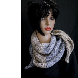 BORBÁLA SZETT / VINTAGE STAR - kézzel kötött alpaka-pamut sapka és sálkendő / kék-bézs - ruha & divat - sál, sapka, kendő - sapka & sál szett - Meska.hu