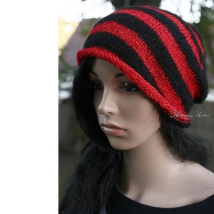 BUGSY / beanie - trendi kézzel kötött akril-selyem sapka / piros és fekete - ruha & divat - sál, sapka, kendő - sapka - Meska.hu