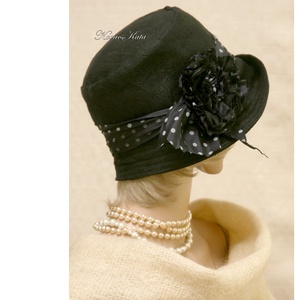MARA cloche - fekete jacquard lenvászon flapper kalap - ruha & divat - sál, sapka, kendő - kalap - Meska.hu