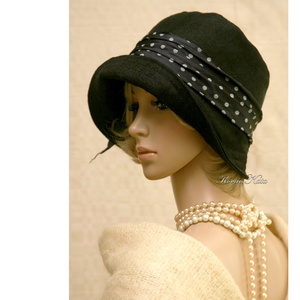 MARA cloche - fekete jacquard lenvászon flapper kalap - ruha & divat - sál, sapka, kendő - kalap - Meska.hu