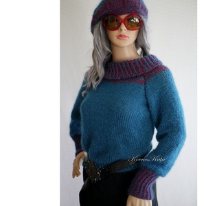MADLEN / kasmír  - exkluzív kézzel kötött VIP merinó-kasmír silk-mohair pulóver / petrol-meggy, Ruha & Divat, Női ruha, Pulóver, Kötés, MESKA