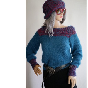 MADLEN / kasmír  - exkluzív kézzel kötött VIP merinó-kasmír silk-mohair pulóver / petrol-meggy - ruha & divat - női ruha - pulóver - Meska.hu
