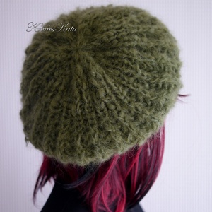 DORA / olív - extravagáns kézzel kötött chunky mohair gomba sapka  - ruha & divat - sál, sapka, kendő - sapka - Meska.hu