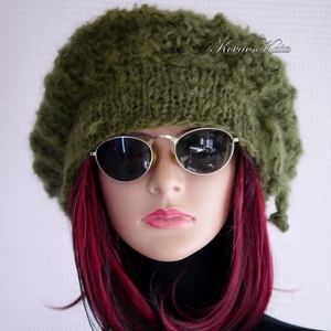 DORA / olív - extravagáns kézzel kötött chunky mohair gomba sapka  - ruha & divat - sál, sapka, kendő - sapka - Meska.hu