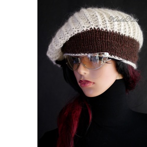 BARBARA - exkluzív kézzel kötött alpaka+ mikro-flitteres merinó  sapka, barett / barna, ivory - ruha & divat - sál, sapka, kendő - sapka - Meska.hu