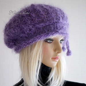 DORA / lila - extravagáns kézzel kötött chunky mohair gomba sapka, barett  - ruha & divat - sál, sapka, kendő - sapka - Meska.hu