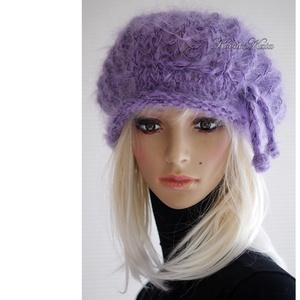 DORA / lila - extravagáns kézzel kötött chunky mohair gomba sapka, barett  - ruha & divat - sál, sapka, kendő - sapka - Meska.hu