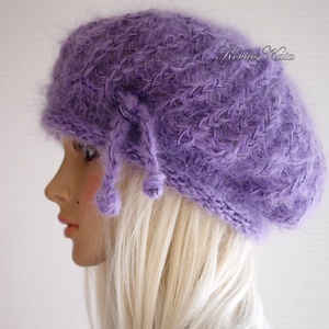 DORA / lila - extravagáns kézzel kötött chunky mohair gomba sapka, barett  - ruha & divat - sál, sapka, kendő - sapka - Meska.hu