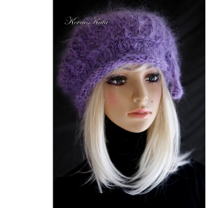 DORA / lila - extravagáns kézzel kötött chunky mohair gomba sapka, barett  - ruha & divat - sál, sapka, kendő - sapka - Meska.hu
