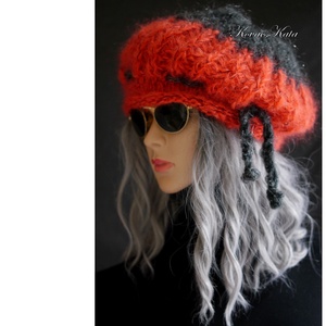 DORA / korall-antracit - extravagáns kézzel kötött chunky mohair gomba sapka  - ruha & divat - sál, sapka, kendő - sapka - Meska.hu