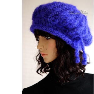 DORA / indigó - extravagáns kézzel kötött chunky mohair gomba sapka, barett , Ruha & Divat, Sál, Sapka, Kendő, Sapka, Kötés, MESKA