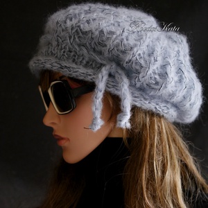 DORA / palakék - extravagáns kézzel kötött chunky mohair gomba sapka, barett , Ruha & Divat, Sál, Sapka, Kendő, Sapka, Kötés, MESKA