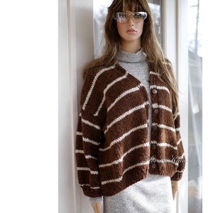 MONA / csokoládé - trendi kézzel kötött chunky alpaka kardigán, kabátka - ruha & divat - női ruha - pulóver - Meska.hu