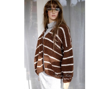 MONA / csokoládé - trendi kézzel kötött chunky alpaka kardigán, kabátka - ruha & divat - női ruha - pulóver - Meska.hu