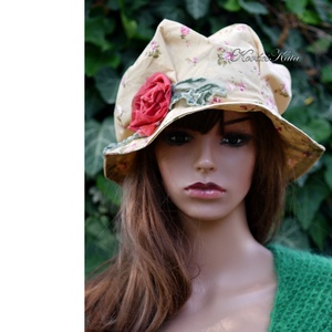 BUCKET - romantikus vászonkalap organza rózsával  - ruha & divat - sál, sapka, kendő - kalap - Meska.hu