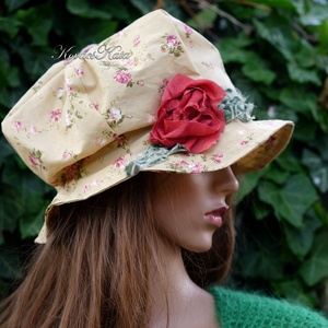 BUCKET - romantikus vászonkalap organza rózsával  - ruha & divat - sál, sapka, kendő - kalap - Meska.hu