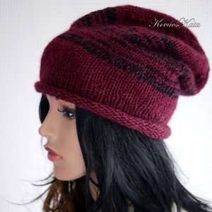 BEANIE LUX / teve - trendi kézzel kötött teveszőr-merinó-kidmohair sapka / bordó+fekete - ruha & divat - sál, sapka, kendő - sapka - Meska.hu