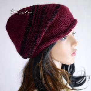 BEANIE LUX / teve - trendi kézzel kötött teveszőr-merinó-kidmohair sapka / bordó+fekete - Meska.hu