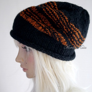 BEANIE LUX / teve - trendi kézzel kötött teveszőr-merinó-kidmohair sapka / fekete+narancs - ruha & divat - sál, sapka, kendő - sapka - Meska.hu