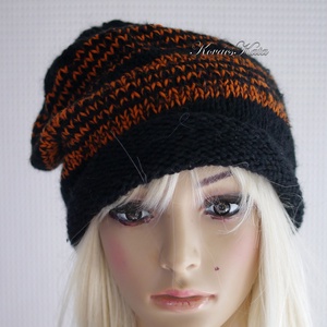 BEANIE LUX / teve - trendi kézzel kötött teveszőr-merinó-kidmohair sapka / fekete+narancs - ruha & divat - sál, sapka, kendő - sapka - Meska.hu