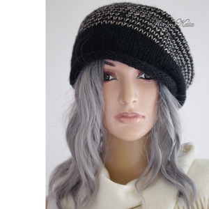 BEANIE LUX - trendi kézzel kötött angora-merinó sapka / fekete+natúr - ruha & divat - sál, sapka, kendő - sapka - Meska.hu