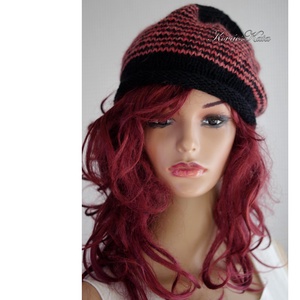 BEANIE LUX - trendi kézzel kötött angora-merinó sapka / fekete+rózsa - ruha & divat - sál, sapka, kendő - sapka - Meska.hu