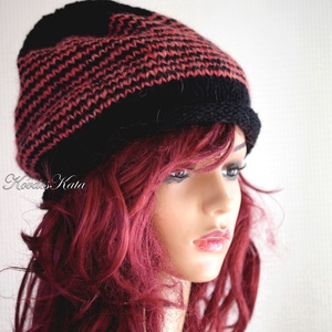 BEANIE LUX - trendi kézzel kötött angora-merinó sapka / fekete+rózsa - ruha & divat - sál, sapka, kendő - sapka - Meska.hu