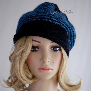 BEANIE LUX - trendi kézzel kötött angora-merinó sapka / fekete+pávakék - ruha & divat - sál, sapka, kendő - sapka - Meska.hu