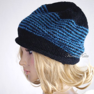 BEANIE LUX - trendi kézzel kötött angora-merinó sapka / fekete+pávakék, Ruha & Divat, Sál, Sapka, Kendő, Sapka, Kötés, MESKA