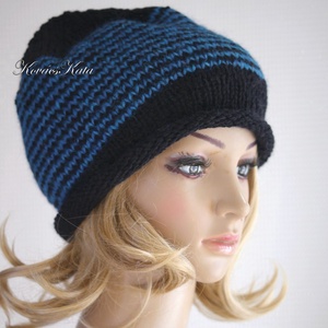 BEANIE LUX - trendi kézzel kötött angora-merinó sapka / fekete+pávakék - ruha & divat - sál, sapka, kendő - sapka - Meska.hu