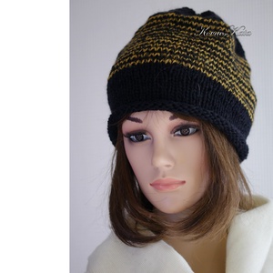 BEANIE LUX - trendi kézzel kötött angora-merinó sapka / fekete+okker - ruha & divat - sál, sapka, kendő - sapka - Meska.hu