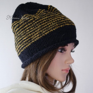 BEANIE LUX - trendi kézzel kötött angora-merinó sapka / fekete+okker - ruha & divat - sál, sapka, kendő - sapka - Meska.hu