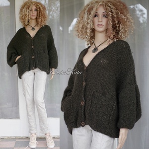 ZSÓKA / kávé - trendi kézzel kötött zsenília  + silk mohair túlméretes kardigán - Meska.hu