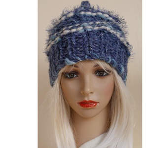 LUCA-SAPI / kék-fehér - bohém kézzel kötött design gyapjú sapka  - ruha & divat - sál, sapka, kendő - sapka - Meska.hu