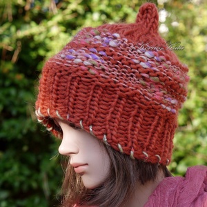 LUCA-SAPI / rőt - bohém kézzel kötött gyapjú sapka  - ruha & divat - sál, sapka, kendő - sapka - Meska.hu