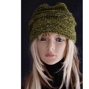 AMY-SAPI / olív - trendi kézzel kötött sapka - ruha & divat - sál, sapka, kendő - sapka - Meska.hu