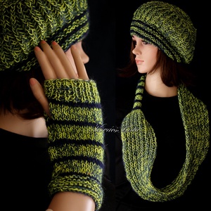 BORBÁLA SZETT / saláta - exkluzív kézzel kötött gyapjú sapka körsállal  - ruha & divat - sál, sapka, kendő - sapka & sál szett - Meska.hu