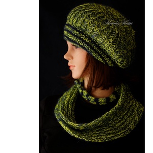 BORBÁLA SZETT / saláta - exkluzív kézzel kötött gyapjú sapka körsállal  - ruha & divat - sál, sapka, kendő - sapka & sál szett - Meska.hu