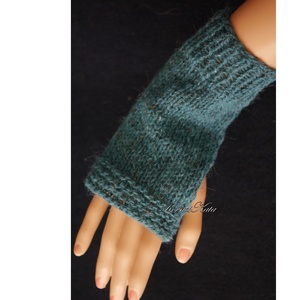 BOSZI KESZTYŰ / alpaka tweed - kézzel kötött rövid kesztyűszár, kézmelegítő / petrol - Meska.hu