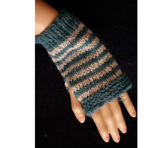 BOSZI KESZTYŰ / alpaka tweed - kézzel kötött rövid kesztyűszár, kézmelegítő / petrol-bézs - Meska.hu