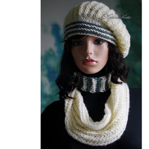 BORBÁLA SZETT / vaj + zöld - exkluzív kézzel kötött gyapjú-moher sapka körsállal - Meska.hu