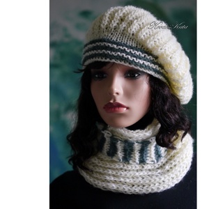 BORBÁLA SZETT / vaj + zöld - exkluzív kézzel kötött gyapjú-moher sapka körsállal - ruha & divat - sál, sapka, kendő - sapka & sál szett - Meska.hu