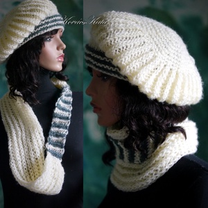 BORBÁLA SZETT / vaj + zöld - exkluzív kézzel kötött gyapjú-moher sapka körsállal - ruha & divat - sál, sapka, kendő - sapka & sál szett - Meska.hu