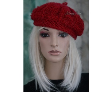ALETTA / vörös - kézzel kötött exkluzív gyapjú-mohair-buklé svájci sapka, barett KÉSZLETEN - ruha & divat - sál, sapka, kendő - sapka - Meska.hu