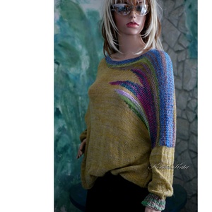 LAZY LINEN / mustár - exkluzív gyapjú-len kézzel festett- kötött flowing  pulóver KÉSZLETEN - ruha & divat - női ruha - pulóver - Meska.hu