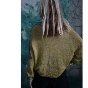 LAZY LINEN / mustár - exkluzív gyapjú-len kézzel festett- kötött flowing  pulóver KÉSZLETEN - ruha & divat - női ruha - pulóver - Meska.hu