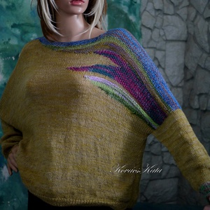 LAZY LINEN / mustár - exkluzív gyapjú-len kézzel festett- kötött flowing  pulóver KÉSZLETEN - ruha & divat - női ruha - pulóver - Meska.hu