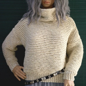 CHUNKY TEKNŐC / natúr - kézzel kötött vastag akril pulóver KÉSZLETEN, Ruha & Divat, Női ruha, Pulóver, Kötés, MESKA