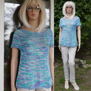 TUSSAH felső - egyedi festésű kézzel kötött 100% vadselyem pulóver / türkiz,lila - Meska.hu